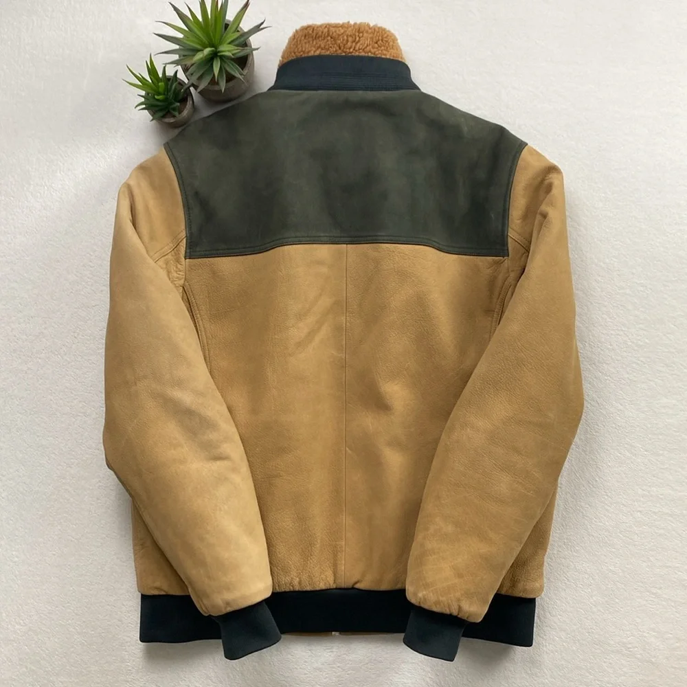 Scotch & Soda Buffalo Leather Removable Faux Shearling Aviator Bomber Jacket - Picture 2 of 16